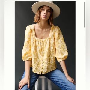 Women's Yellow Textured Puff-Sleeve Blouse